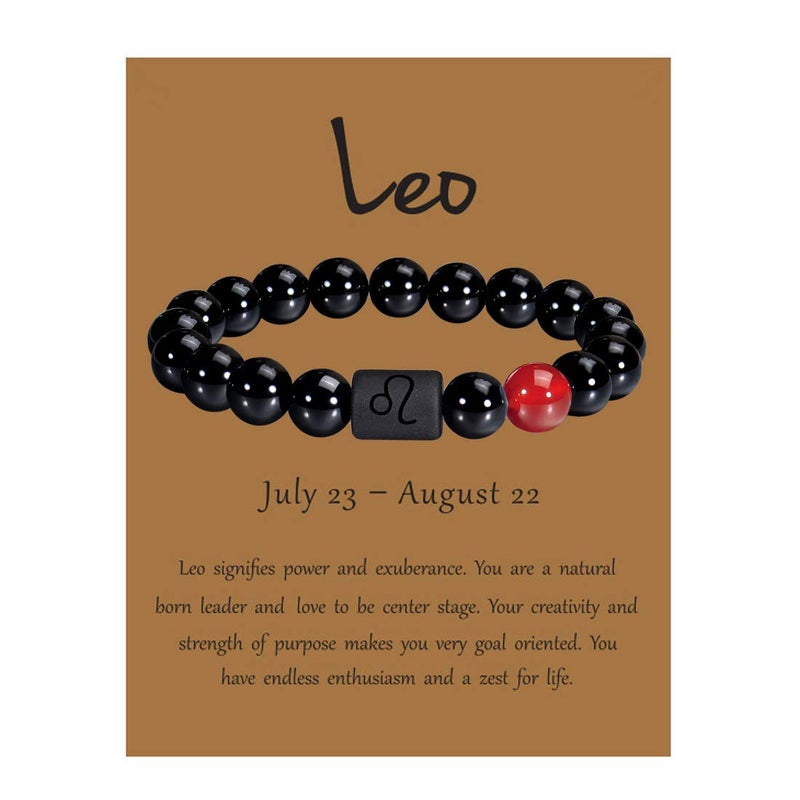 VLINRAS Zodiac Leo Bracelet for Men Women Leo Gifts Natural Black Onyx Stone Zodiac Charm Bracelet Constellation Horoscope Jewelry - Image 1